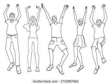 Set of illustration of happy, joyful people. Victory, luck, good mood concept. Contour drawing of women and men in full growth isolated on white. Hand drawn vector collection in simple flat style.