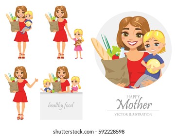 Set of illustration of happy mother presenting organic food for all family. Vector illustration isolated on white.
