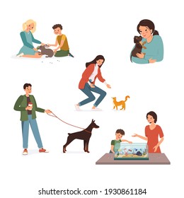 Set of illustration with happy pet owners. Children play with a rabbit, a girl hugs a puppy, a man walks the dog, mom and son feed the fish, a woman strokes a cat. Vector illustration