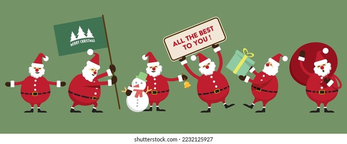 Set of illustration happy Santa Claus various character for advertisement, greeting cards, banners, tags or labels. Christmas cartoon illustrations.