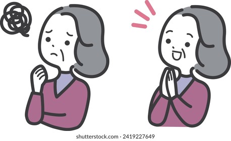 Set illustration of a happy senior woman and a troubled senior woman