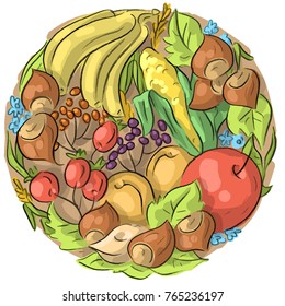 Set illustration with hazelnuts, vegetables and fruits
