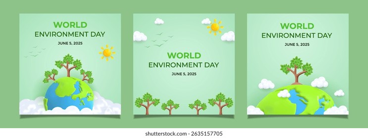 Set Illustration highlighting World Environment Day featuring Earth, trees, sun, and text promoting environmental awareness and green living.