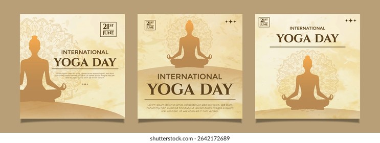 Set illustration honoring International Yoga Day, featuring serene yoga poses and decorative art. The warm tones and meditative theme convey feelings of peace, health.