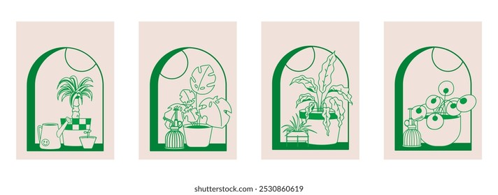 Conjunto de Ilustração de plantas de casa na janela. Plantas domésticas cultivando hobby. Estilo retrô da linha de contorno.