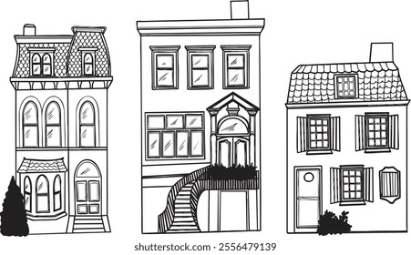 Set Illustration house vector black lines building architecture