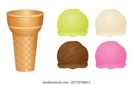 Set illustration of ice cream cone accompanied by four scoops of different flavored ice cream. The scoops are lime green, vanilla white, chocolate brown, and strawberry pink, representing various