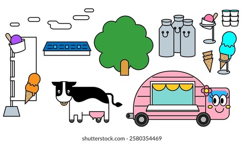 A set illustration of ice cream icons and kitchen cars.