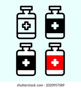 Set Illustration Icon Bottle Vaccine Or Pill Bottle. Vector Outline Icon, And Vector Color Icon. With Baby Blue Background. Animation Icon Medicine. Eps 10 