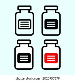 Set Illustration Icon Bottle Vaccine Or Pill Bottle. Vector Outline Icon, And Vector Color Icon. With Baby Blue Background. Animation Icon Medicine. Eps 10 