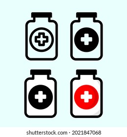 Set Illustration Icon Bottle Vaccine, Pill Bottle, Or Tablet Bottle. Vector Outline Icon, And Vector Color Icon. With Baby Blue Background. Animation Icon Medicine. Eps 10 