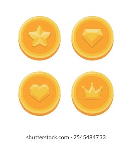 A set of illustration icons containing concepts such as shiny gold coins, medals, points, gold, money, game coin, etc. The gold coins have shapes such as stars, diamonds, jewels, hearts, and crowns.