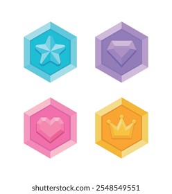 A set of illustration icons containing concepts such as shiny gold coins, medals, points, money, jewel, game coin, etc. The medals have shapes such as stars, diamonds, jewels, hearts, and crowns.