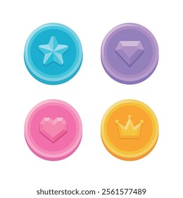 A set of illustration icons containing concepts such as shiny gold coins, medals, points, money, jewel, game coin, etc. The medals have shapes such as stars, diamonds, jewels, hearts, and crowns.