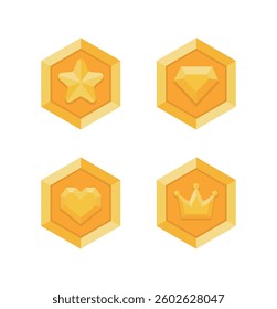 A set of illustration icons containing concepts such as shiny gold coins, medals, points, money, jewel, game coin, etc. The medals have shapes such as stars, diamonds, jewels, hearts, and crowns.