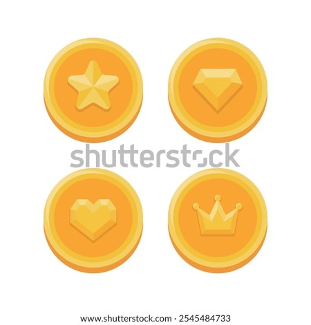 A set of illustration icons containing concepts such as shiny gold coins, medals, points, gold, money, game coin, etc. The gold coins have shapes such as stars, diamonds, jewels, hearts, and crowns.