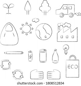 A set of illustration icons with an eco theme. Hand drawn style.