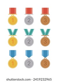 A set of illustration icons of gold, silver, and bronze medals awarded to winners and first, second, and third place winners in games and competitions.