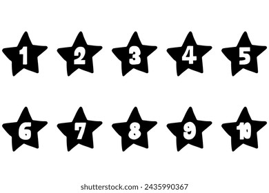 Set of illustration icons with hand-drawn stars and numbers from 1 to 10