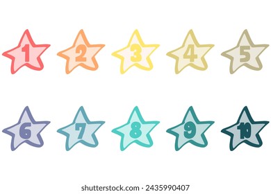 Set of illustration icons with hand-drawn stars and numbers from 1 to 10