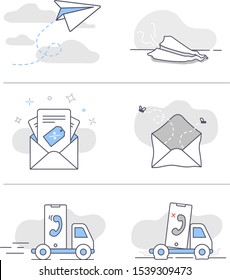 Set of illustration icons, showing succeed and failed user actions. Message sent, subscription to newsletters, scheduled call .