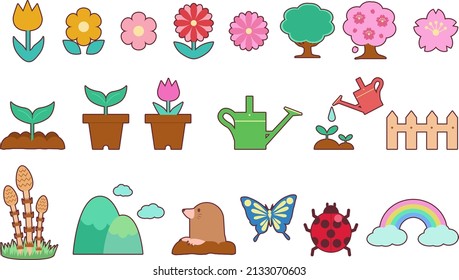 Set illustration of icons of spring plants and creatures