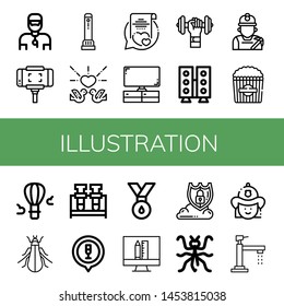 Set of illustration icons such as Trainer, Selfie stick, Flashlight, Love, Vows, Television, Dumbbell, Speaker, Miner, Popcorn, Hot air balloon, Tree cricket, Flask , illustration