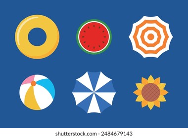 A set of illustration icons with summer, sea, swimming, vacation, beach, travel, and summer vacation concepts. tube, parasol, watermelon, ball, sunflower.