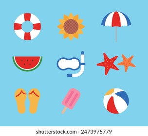 A set of illustration icons with summer, vacation, travel, and summer vacation concepts. Ice cream, tube, parasol, starfish, sandals, watermelon, ball, sunflower, snorkeling glasses.