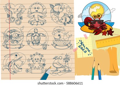 Set illustration with the image of the inhabitants of the deep sea. Elements for design of advertising production water parks, pet stores, children's products, coastal hotels.