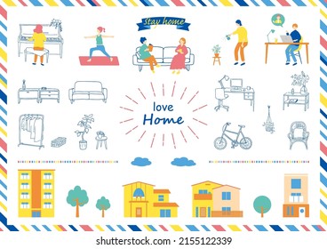 set illustration of interior furniture and flat style everyday people