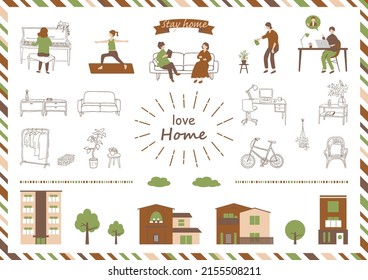 set illustration of interior furniture and flat style everyday people