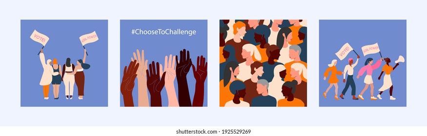 Set of illustration for International women’s day campaign theme Choose To Challenge. 8th march. Vector template in flat style for greeting card, postcard, banner, flyer and other.