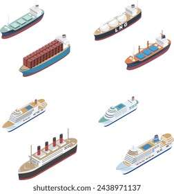 A set illustration of isometric passenger ships and cargo ships.