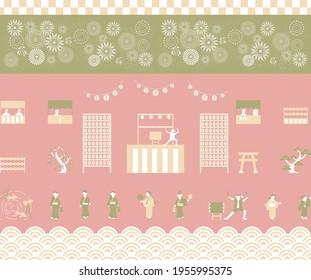 set illustration of Japanese festival icons and Yukata people