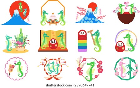 Set illustration of Japanese New Year materials and dragon