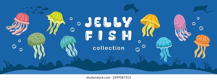 Set illustration of jellyfish. Jellyfish vector art. Deep sea creatures. Jellyfish stock illustration. Jellyfish image. Jelly fish vector stock. Ocean animals. Sea animals. 