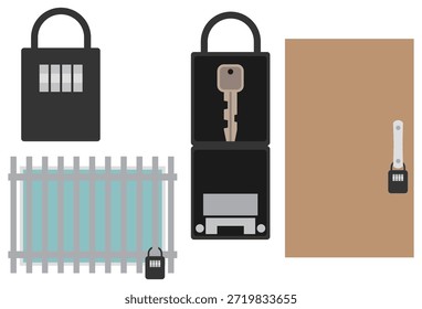 Conjunto de ilustración de una caja de entrega de llaves y Imágenes instaladas en ventanas y puertas