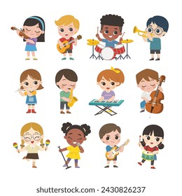 Set Ilustración de niños tocando diferentes instrumentos musicales. Aficiones e intereses. 