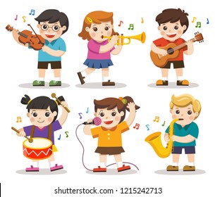 Set Illustration of Kids Playing Musical instruments. Hobbies and interests. 