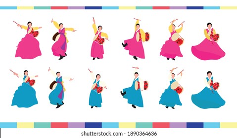 Set of Illustration Korean tradional dancers with drum music set bundles collection. vector illustration