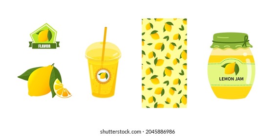 Set illustration with lemon. Glass jar with label and yellow jam. lemonade with a straw in a plastic cup. Vector seamless pattern with lemon on white background.