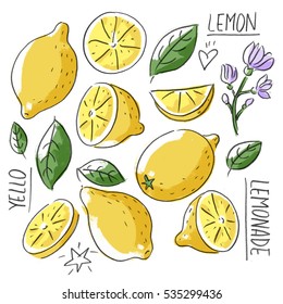 Set illustration with lemons, leaves, flowers and lettering