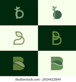 SET ILLUSTRATION BUCHSTABE B MIT BLATT GEOMETRISCHES LOGO SYMBOL GRÜNE FARBVORLAGE EINFACHES MINIMALISTISCHES DESIGNELEMENT EINFACHER VEKTOR GUT FÜR APPS, MARKE 