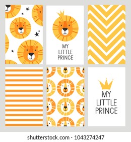 Set of illustration with lions, text, hand drawn backdrop. Colorful collection, animals vector. My little prince. Overlapping background. Decorative wallpaper, good for printing