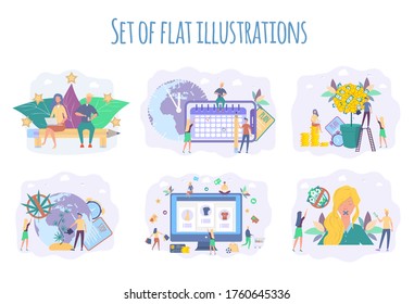 Set illustration. Little people water the money tree. Prohibition of trafficking in persons. Clogged mouth in a woman. Business Planning and Schedule. Best performance rating, rating five. Online shop