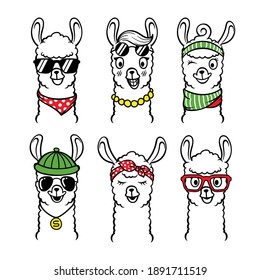 Set of  illustration llama animal with sunglasses svg
