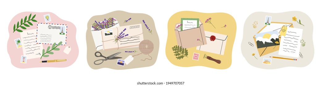 Set of illustration of mails, envelopes, letters, postcards, postage stamps and stationery. Concept of sending letter of love and friendship. Top view. Hand drawn vector illustration