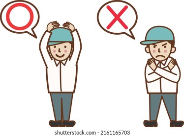 A set illustration of a male worker wearing a hat, posing in a circle and in a cross.