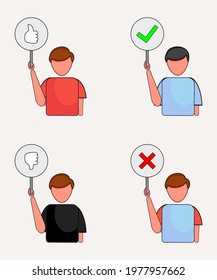 set of illustration of man with sign in his hand, sign of wrong, true, people, simple